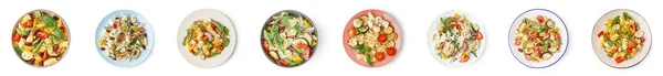 Colagem Saladas Massas Saborosas Fundo Branco Vista Superior — Fotografia de Stock