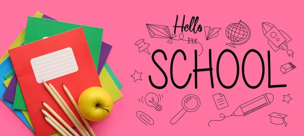 Φρέσκο Μήλο Γραφική Ύλη Και Κείμενο Hello School Ροζ Φόντο — Φωτογραφία Αρχείου