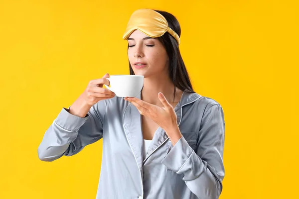 Young Woman Pajamas Cup Coffee Yellow Background — Stock Photo, Image