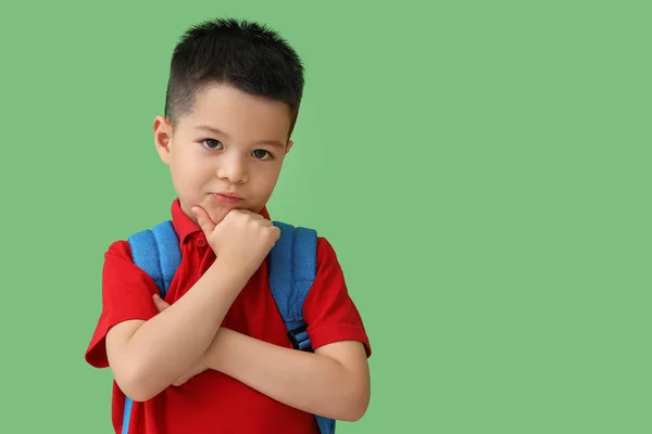 Thoughtful Little Schoolboy Green Background Closeup — Stock Photo, Image