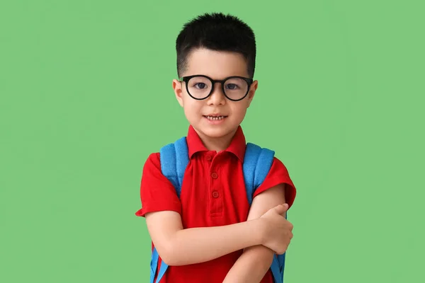 Cute Little Schoolboy Green Background — Stock Photo, Image