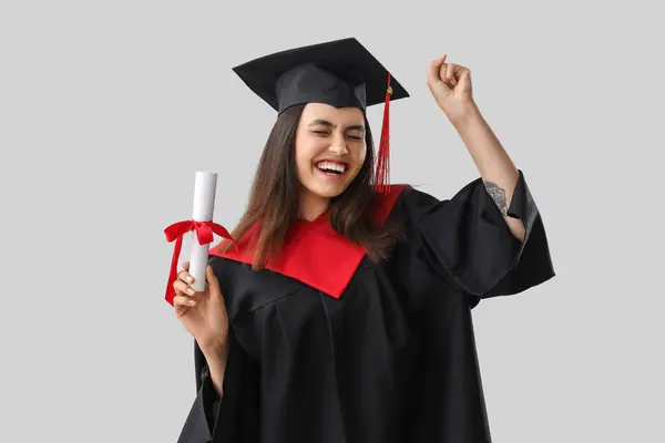 Happy Female Graduate Student Diploma Light Background — Stock fotografie