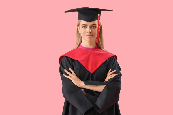 Žena Postgraduální Student Růžovém Pozadí — Stock fotografie