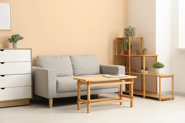 Heller Couchtisch Aus Holz Mit Couch Und Regalen Der Nähe — Stockfoto