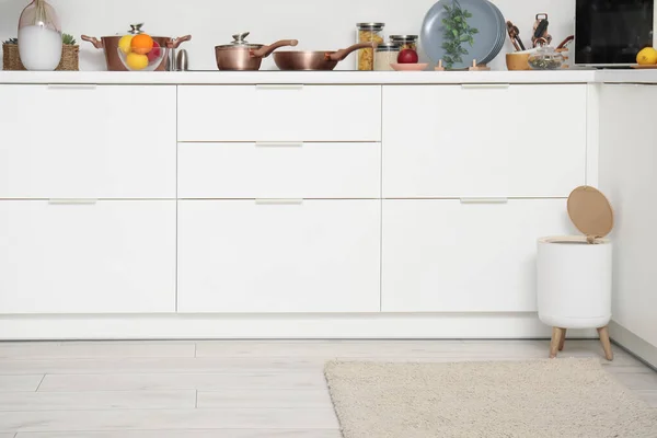 Interior Modern Kitchen Stylish Rug Trash Bin White Counters — Stock Photo, Image