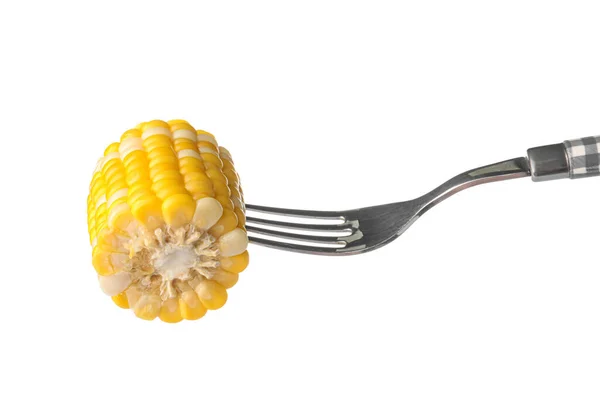 Fork Piece Boiled Corn Cob White Background — Stock Photo, Image