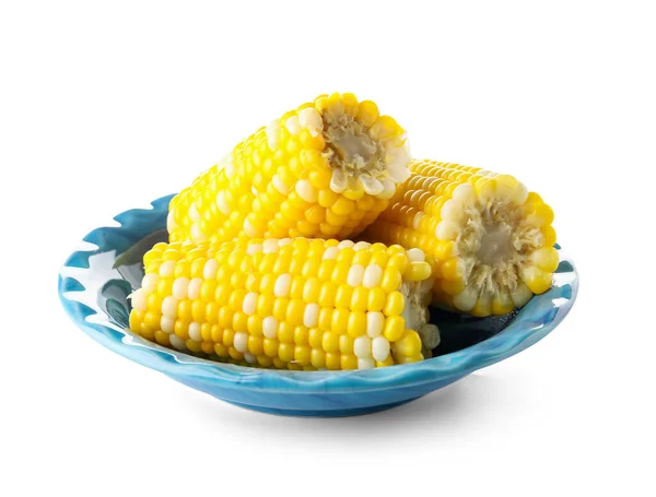 Plate Boiled Corn Cobs White Background — Stock Photo, Image