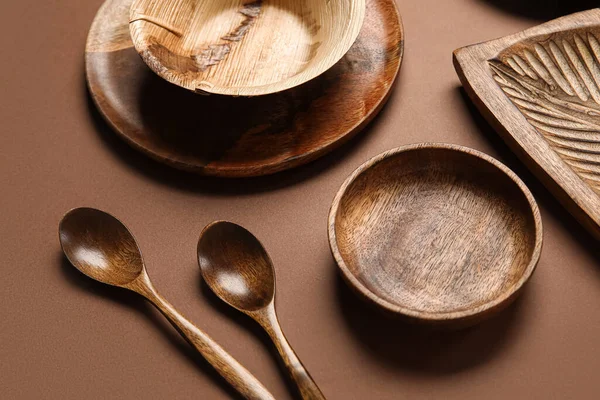 Different Wooden Tableware Brown Background Closeup — Stock Photo, Image