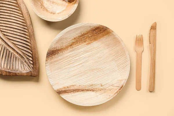 Different Wooden Tableware Beige Background — Stock Photo, Image