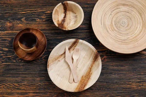 Different Tableware Wooden Background — Stock Photo, Image