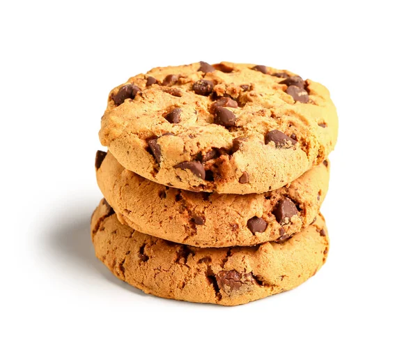 Stack Tasty Cookies Chocolate Chips White Background — Stock Photo, Image