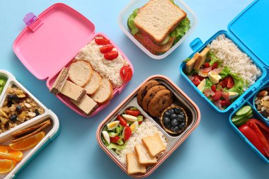 Mavi arka planda farklı lezzetli yemekleri olan bir sürü beslenme çantası.