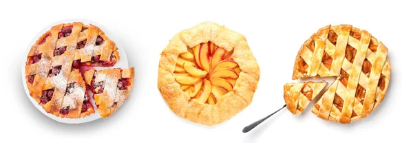 Set Different Tasty Pies White Background Top View — Stock Photo, Image