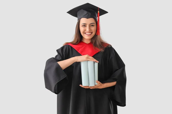 Estudante Pós Graduação Com Livros Sobre Fundo Leve — Fotografia de Stock