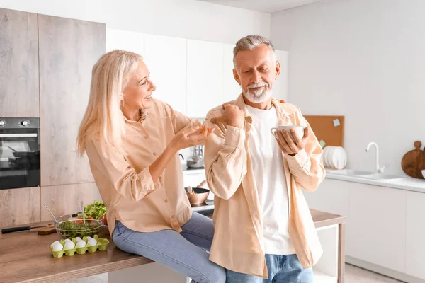 Mature Man Cup Coffee His Wife Kitchen — Stock Photo, Image