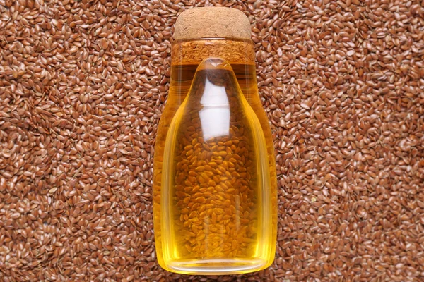 Бутылка Льняного Масла Семенах Крупный План — стоковое фото