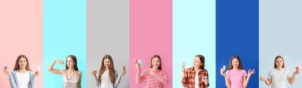 Collage Unga Kvinnor Med Olika Preventivmetoder Färg Bakgrund — Stockfoto