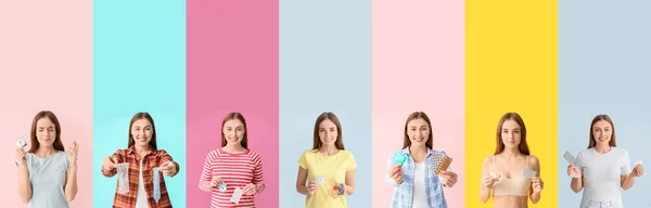 Group of young women with different contraceptive methods on color background