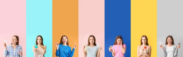 Set of young women with different contraceptive methods on color background