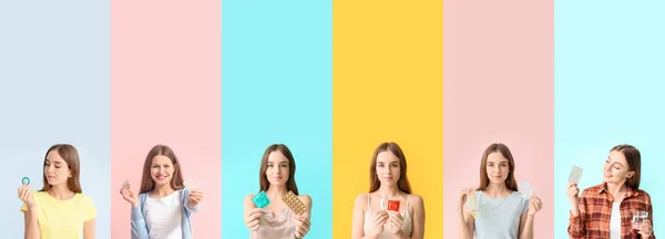 Collection of young women with different contraceptive methods on color background