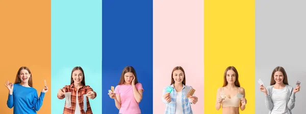 Set of young women with different contraceptive methods on color background