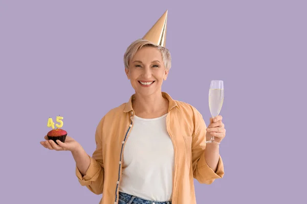 Mature Woman Birthday Muffin Glass Champagne Lilac Background — Stock Photo, Image