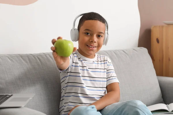Little African American Boy Headphones Apple Studying Computer Sciences Online — Stock Photo, Image