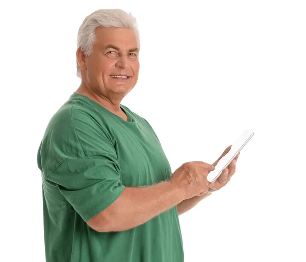 Senior Man Using Tablet Computer White Background — Stock Photo, Image