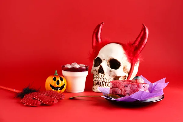 Composition Delicious Panna Cotta Fruit Cake Skull Halloween Accessories Red — Stock Photo, Image