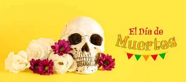 stock image Banner for Mexico's Day of the Dead (El Dia de Muertos) with human skull and flowers