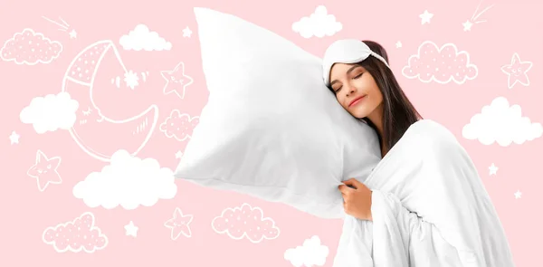 睡梦中的年轻女子 有柔软的枕头和粉色背景的毛毯 — 图库照片