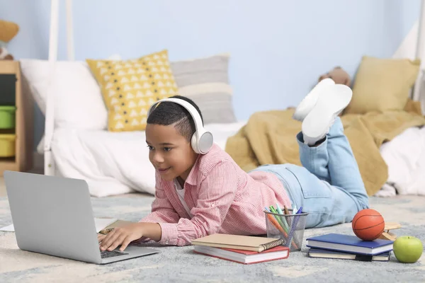 Little African American Boy Headphones Studying Computer Sciences Online Home — Stock Photo, Image