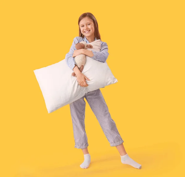 Little Girl Pillow Toy Yellow Background — Stock Photo, Image