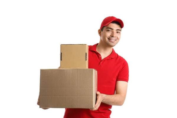 Male Courier Parcels White Background — стоковое фото