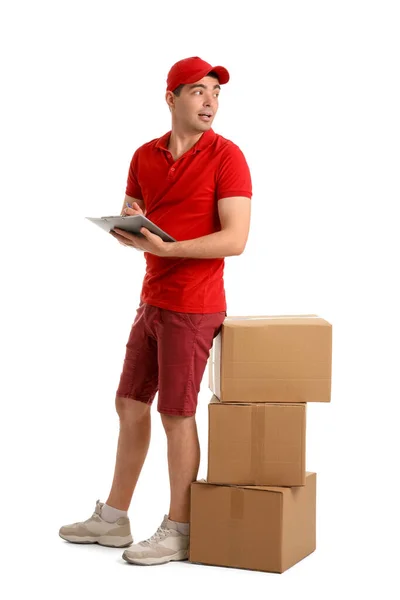 Male Courier Clipboard Parcels White Background — Stock Photo, Image