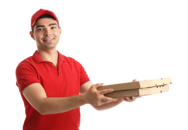 白い背景のピザ箱が付いている男性の急使 — ストック写真