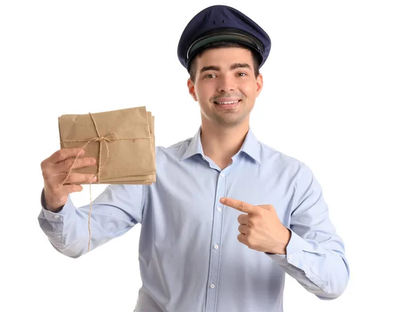 Young Postman Pointing Letters White Background — Stock Photo, Image