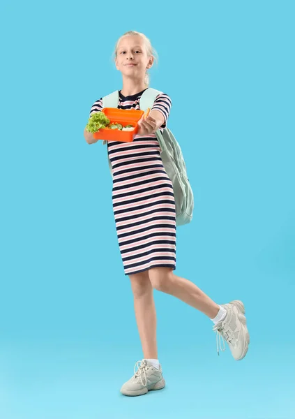 Happy Girl Backpack Lunchbox Blue Background — Stock Photo, Image