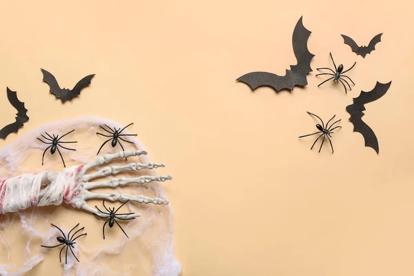 Skeleton Hand Web Spiders Paper Bats Halloween Celebration Beige Background — Stock Photo, Image