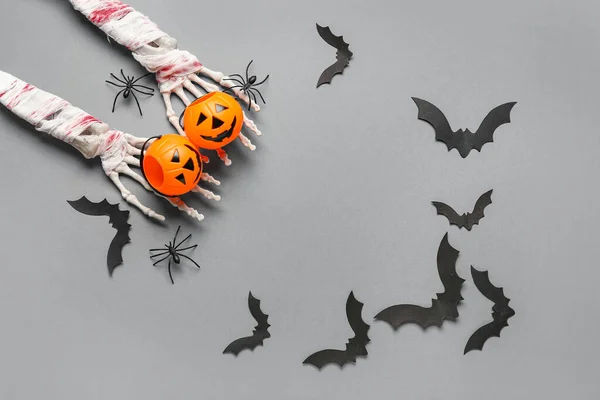 Frame Gemaakt Van Skelet Handen Pompoenen Papieren Vleermuizen Spinnen Voor — Stockfoto