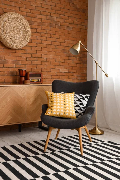 Cozy Black Armchair Cushions Interior Living Room — Stock Photo, Image