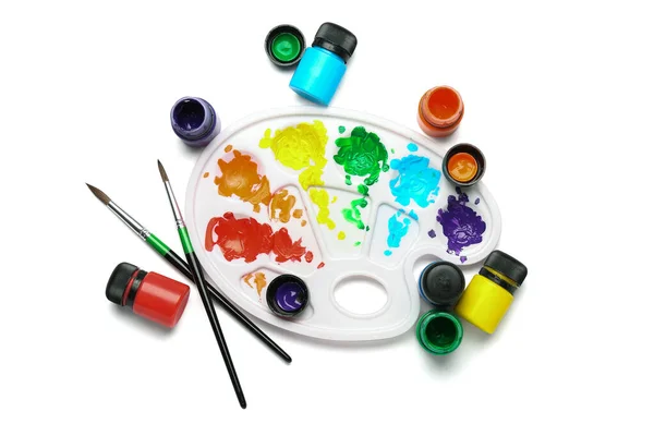 Jars Colorful Gouache Paints Artist Palette Brushes White Background — Stock Photo, Image