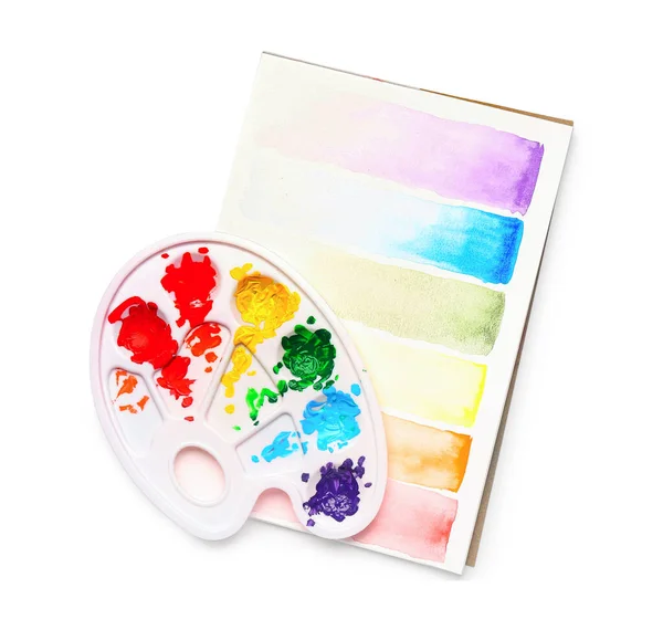 Arkusz Papieru Palety Farbami Białym Tle — Zdjęcie stockowe