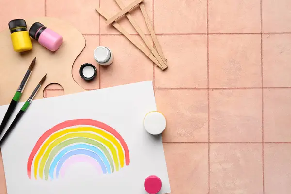 Σχέδιο Πολύχρωμου Ουράνιου Τόξου Την Παλέτα Του Καλλιτέχνη Χρώματα Και — Φωτογραφία Αρχείου