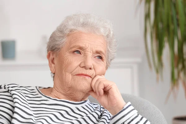 Senior Woman Sitting Sofa Home Closeup — Stock Photo, Image