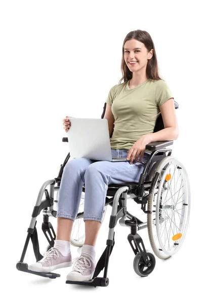 Jovem Mulher Cadeira Rodas Com Laptop Fundo Branco — Fotografia de Stock