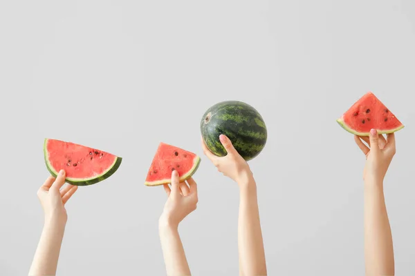 Female Hands Pieces Ripe Watermelon White Background — Stock Photo, Image