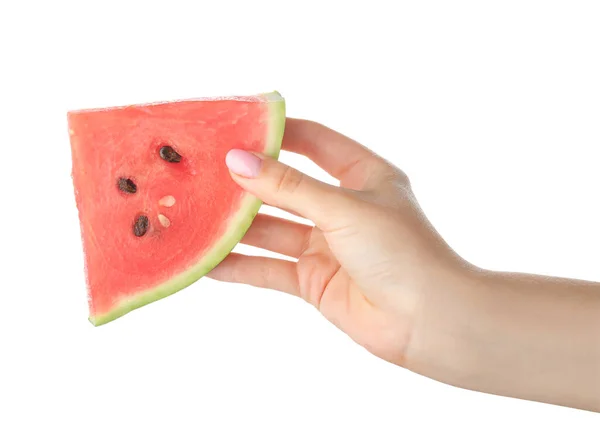 Female Hand Piece Ripe Watermelon White Background — Stock Photo, Image