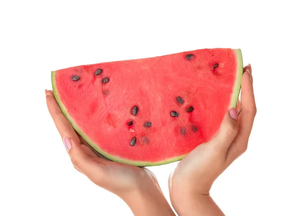 Weibliche Hände Mit Einem Stück Reifer Wassermelone Auf Weißem Hintergrund — Stockfoto