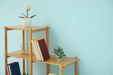 Kitaplı raf ünitesi, orkide çiçeği ve dekorasyon mavi duvarın yanında, yakın plan.